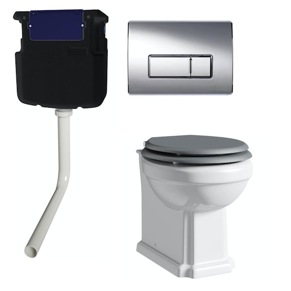 The Bath Co. Dulwich back to wall toilet with grey soft close seat, concealed cistern and push plate