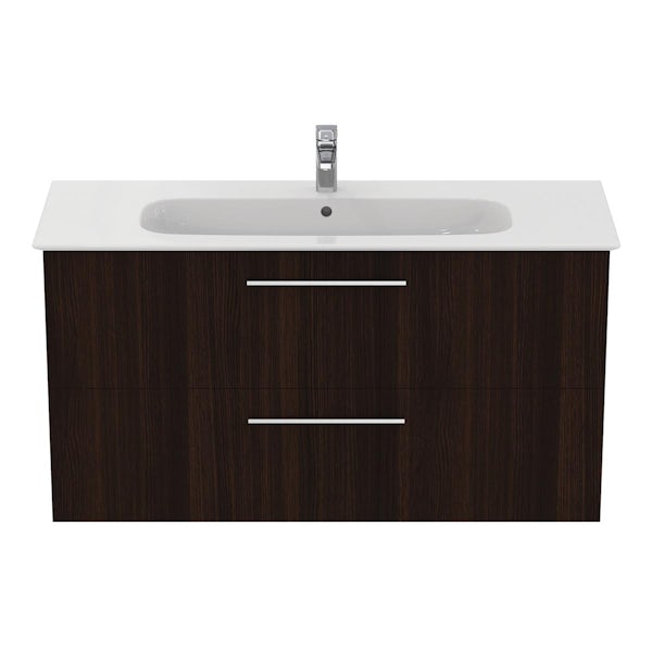 Ideal Standard i.life A coffee oak wall hung vanity unit with 2 drawers and brushed chrome handles 1240mm