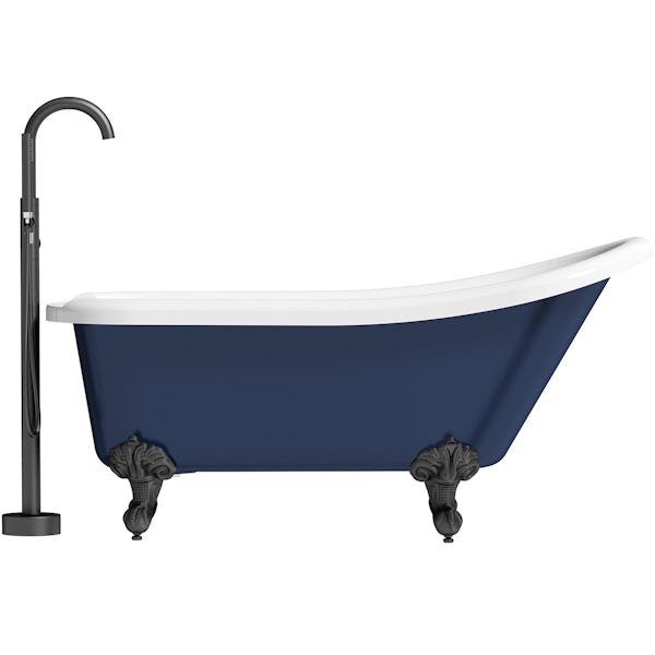 Orchard Dulwich navy single ended slipper bath and tap pack with matt black ball and claw feet