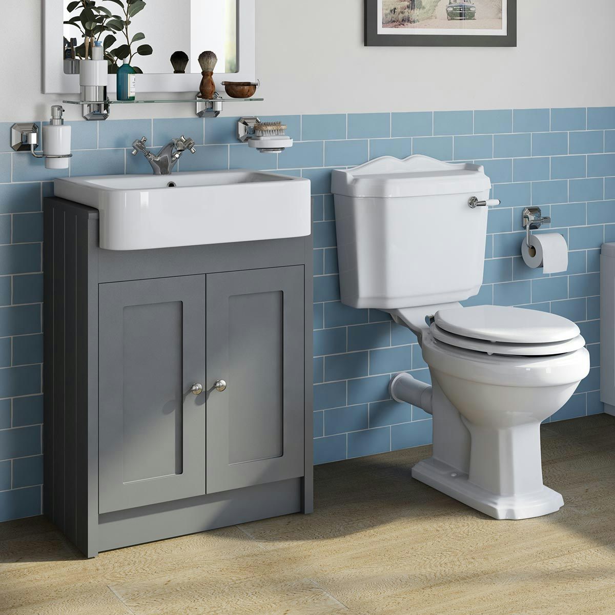 Orchard Dulwich close coupled toilet with white seat and stone grey vanity unit suite 600mm