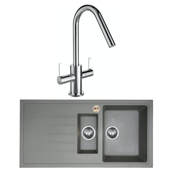 Bristan Gallery quartz left handed dawn grey easyfit 1.5 bowl kitchen sink with Melba black tap