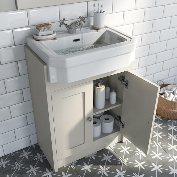 Orchard Dulwich stone ivory floorstanding vanity unit and Eton semi recessed basin 600mm with tap
