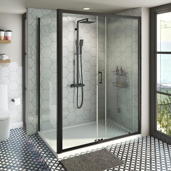 Mode Tate black 6mm sliding shower enclosure with stone shower tray