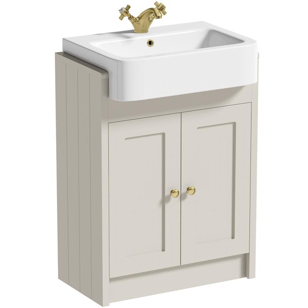 Orchard Dulwich stone ivory floorstanding vanity unit and semi recessed basin 600mm - brushed brass