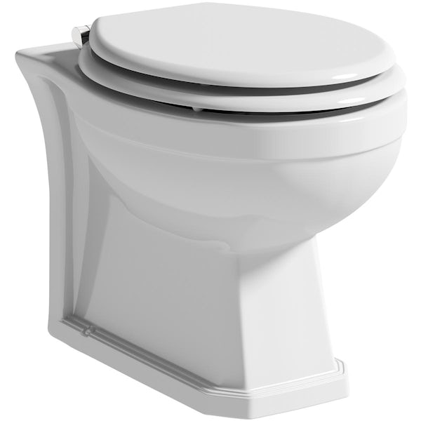 The Bath Co. Camberley back to wall toilet with white soft close seat, concealed cistern and push plate