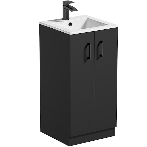 Orchard Lea soft black floorstanding vanity unit with black handle 420mm and Derwent square close coupled toilet suite