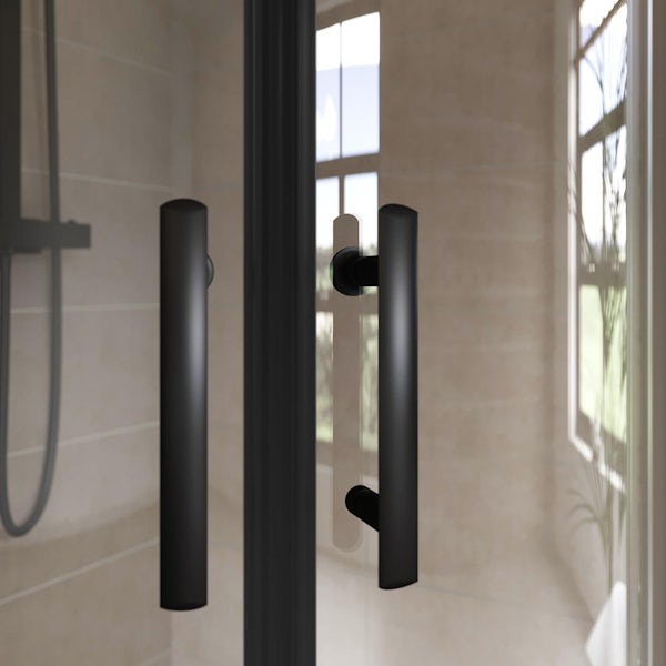 Orchard 6mm matt black 6mm quadrant shower enclosure with grey slate effect tray 900 x 900