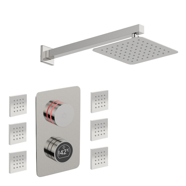 Mode Touch digital thermostatic shower valve with wall arm, square body jets and shower head set