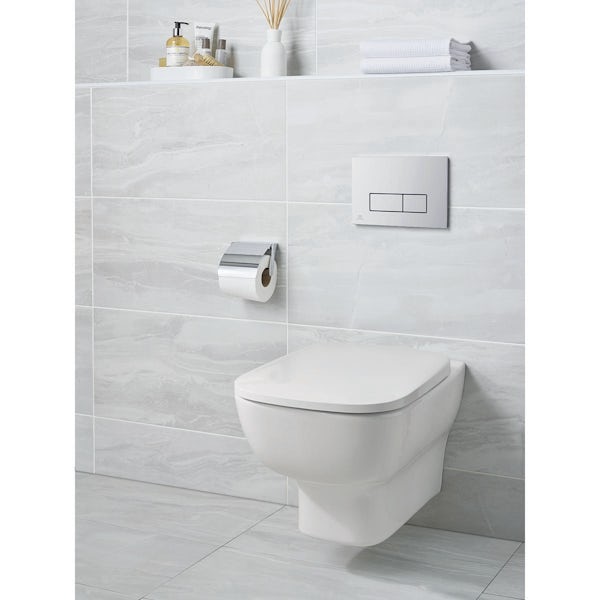 Ideal Standard Studio Echo wall hung toilet with soft close seat, frame and Oleas flush plate