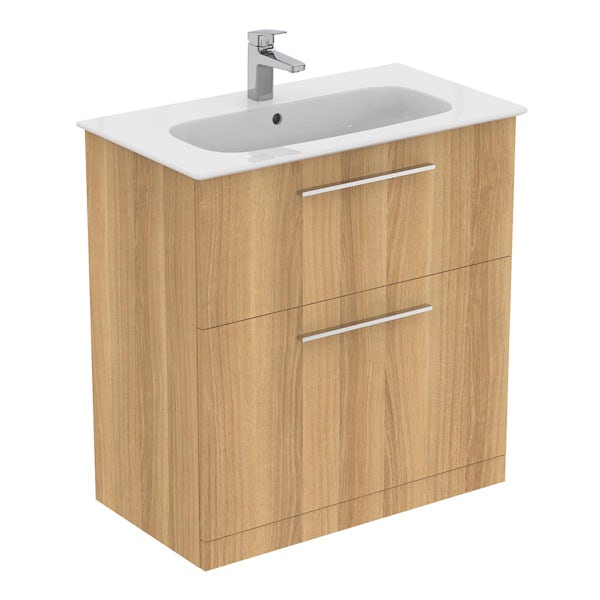 Ideal Standard i.life A natural oak floorstanding vanity unit with 2 drawers and brushed chrome handles 840mm