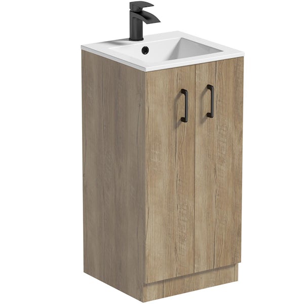 Orchard Lea oak floorstanding vanity unit with black handle and ceramic basin 420mm