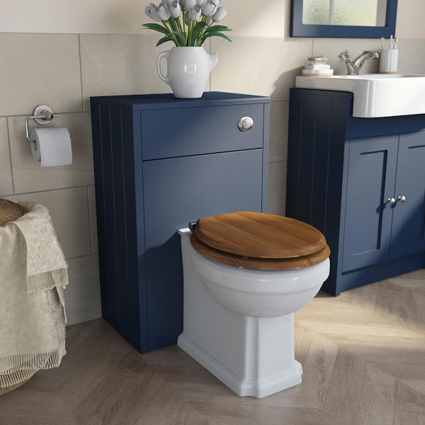 Orchard Dulwich matt navy back to wall unit and traditional toilet with oak seat