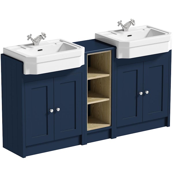 Orchard Dulwich navy floorstanding double vanity unit and Eton basin with open storage