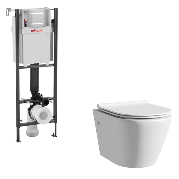Mode Harrison rimless wall hung toilet inc slimline soft close seat and wall mounting frame with push plate cistern