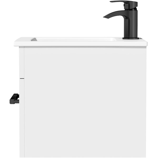 Orchard Derwent white wall hung vanity unit with black handle and ceramic basin 420mm