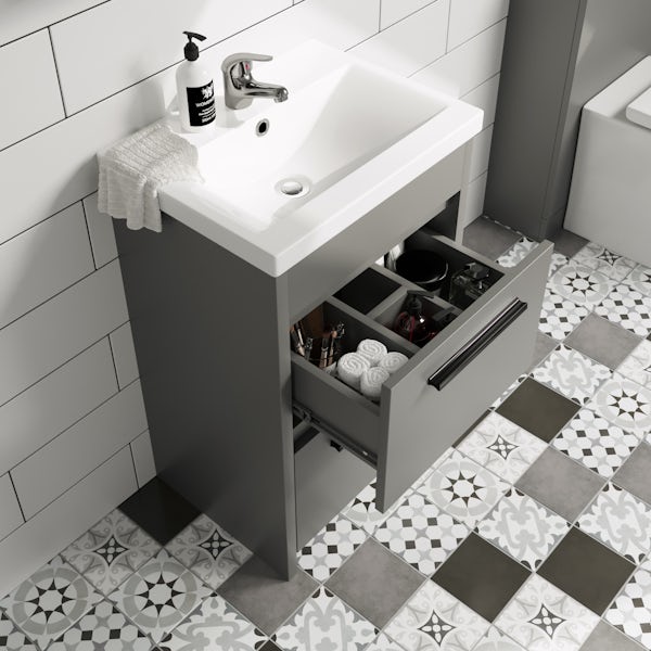 Clarity Compact satin grey floorstanding vanity unit with black handle and basin 410mm