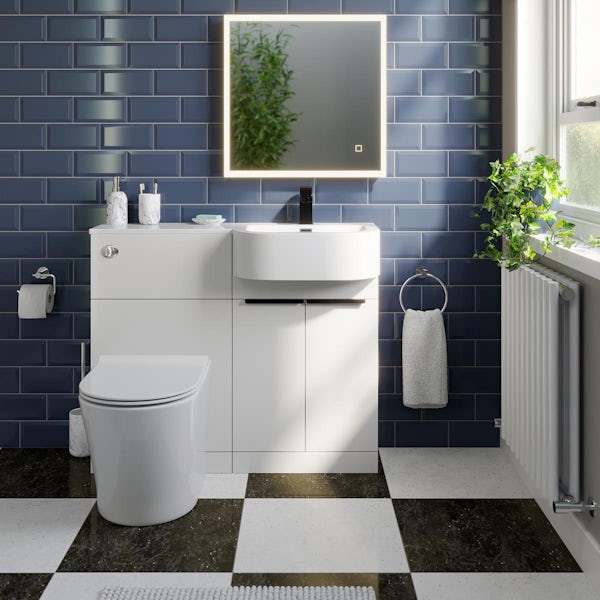 Mode Taw P shape gloss white right handed combination unit with black handles and back to wall toilet