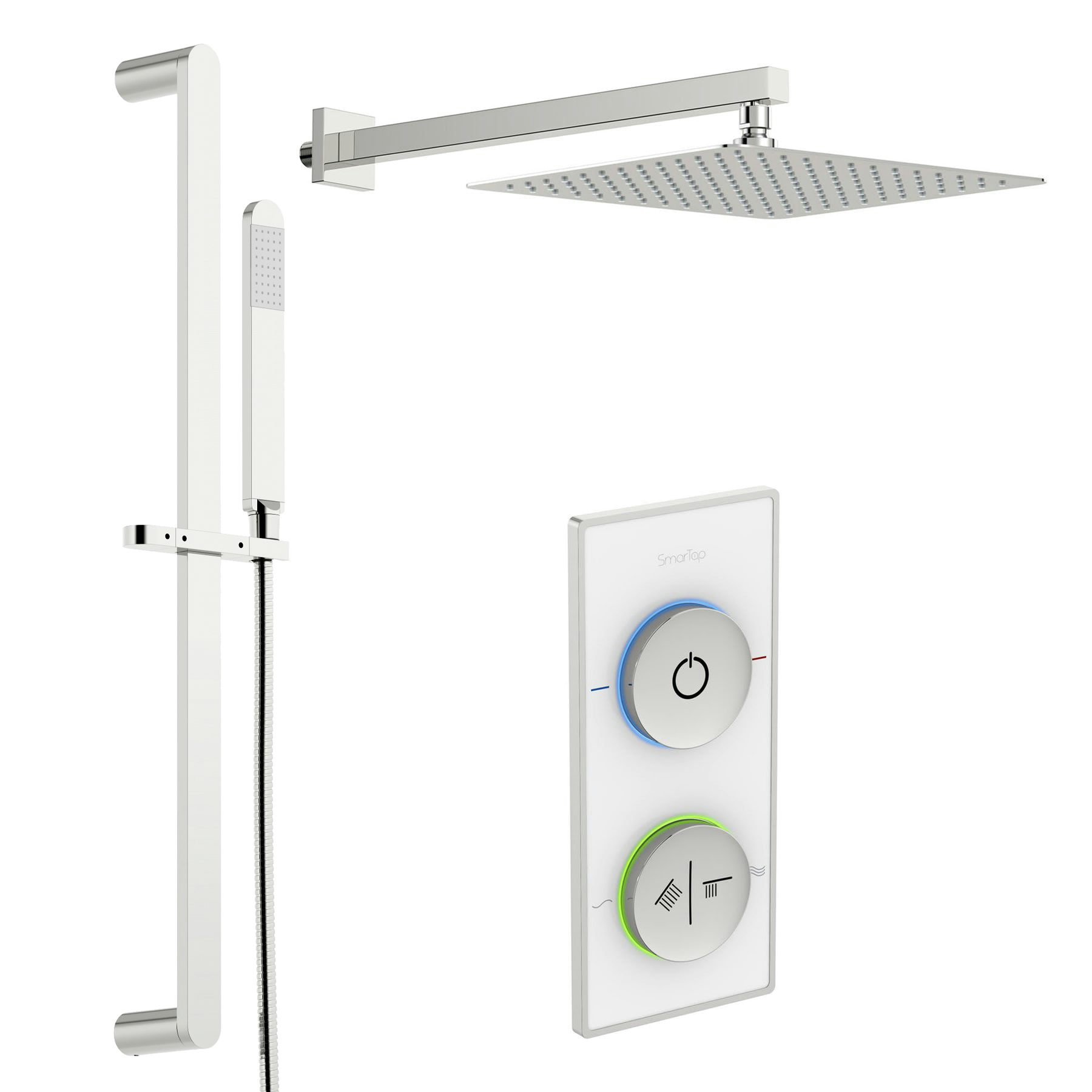 SmarTap white smart shower system with square slider rail and wall shower set