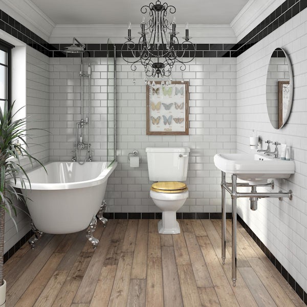 The Bath Co. Dulwich oak bathroom suite with freestanding shower bath