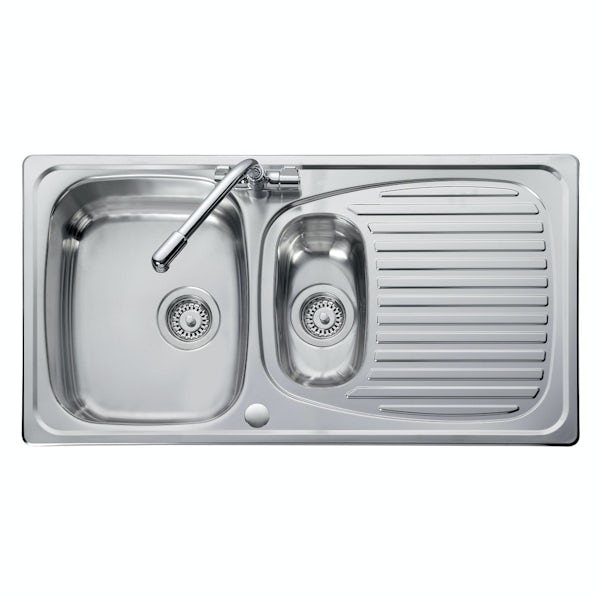 Leisure Euroline reversible stainless steel 1.5 bowl kitchen sink and Schon dual lever kitchen tap