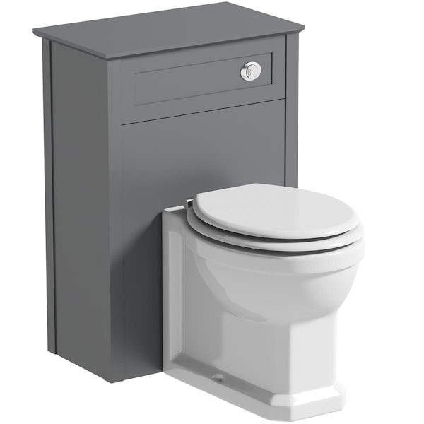 The Bath Co. Camberley satin grey back to wall toilet unit and traditional toilet with white wooden seat