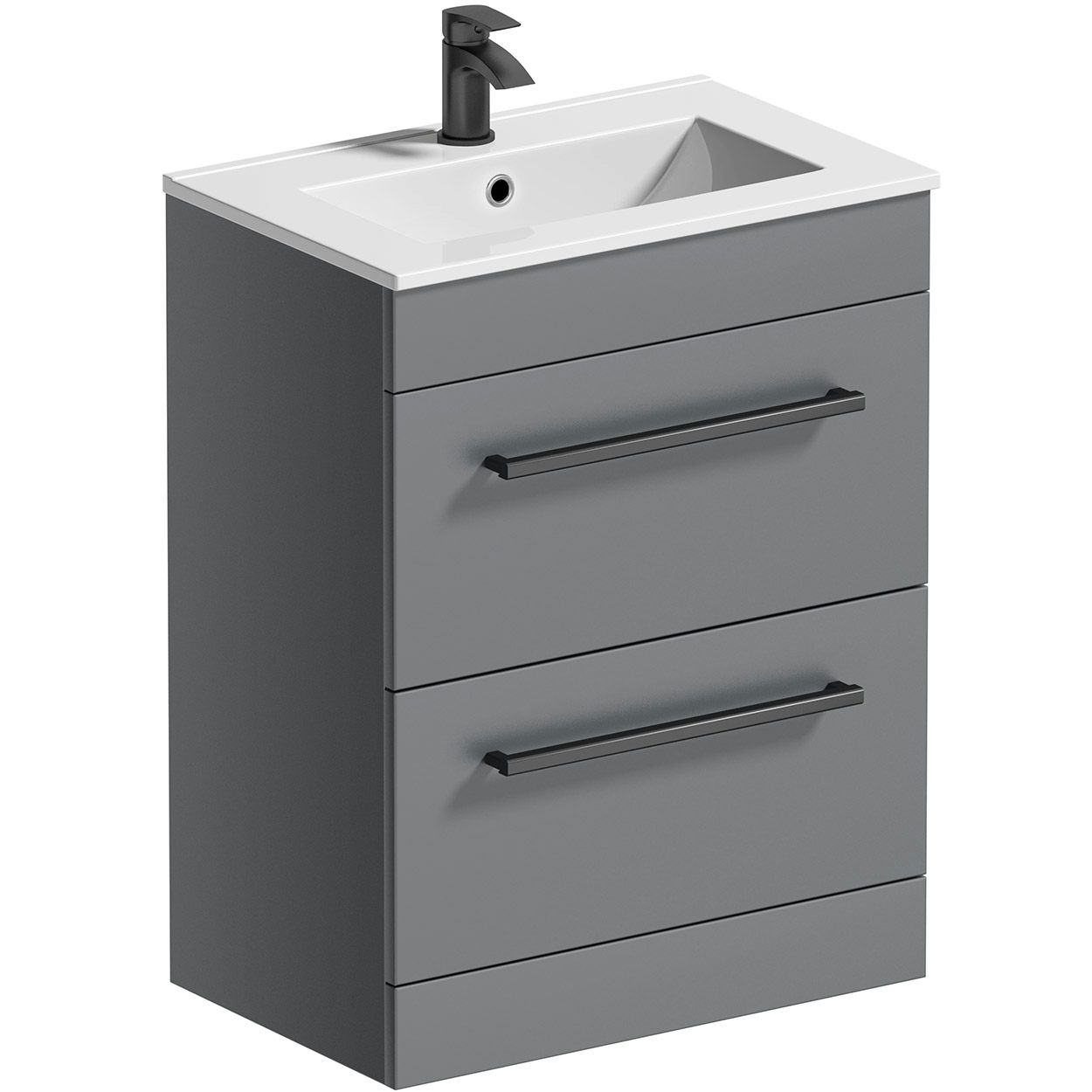 Orchard Derwent stone grey floorstanding vanity drawer unit and ceramic basin 600mm with black handle, tap & waste