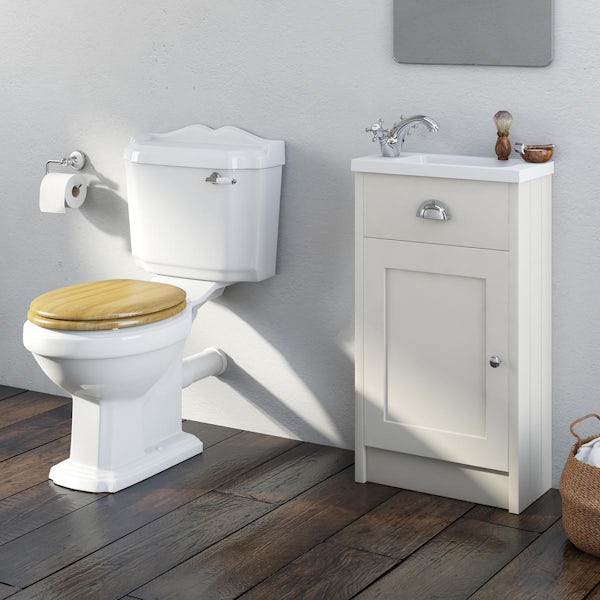 Orchard Dulwich stone ivory cloakroom unit with traditional close coupled toilet and MDF oak seat