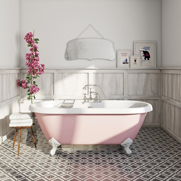 Victoria rose coloured bath with Hampshire shower bath mixer tap