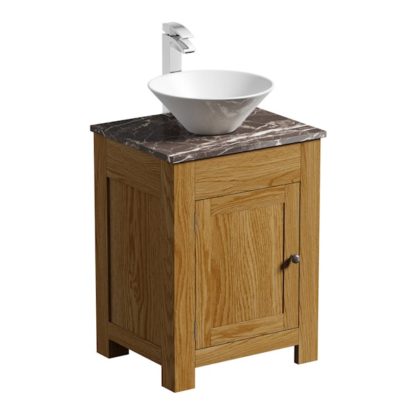 The Bath Co. Chester oak washstand with brown marble top and Erie basin 600mm