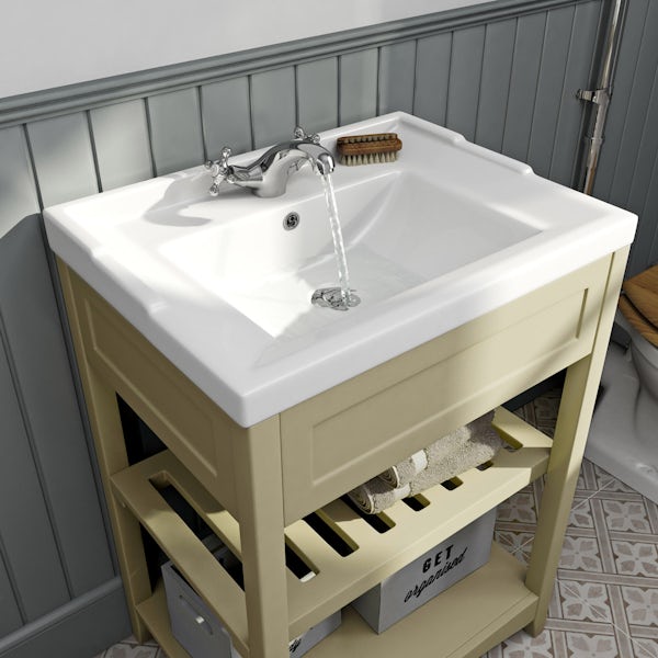 The Bath Co. Camberley satin ivory furniture package with tall storage unit