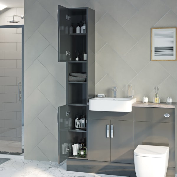Mode Nouvel gloss grey tall fitted furniture & mirror combination with pebble grey worktop
