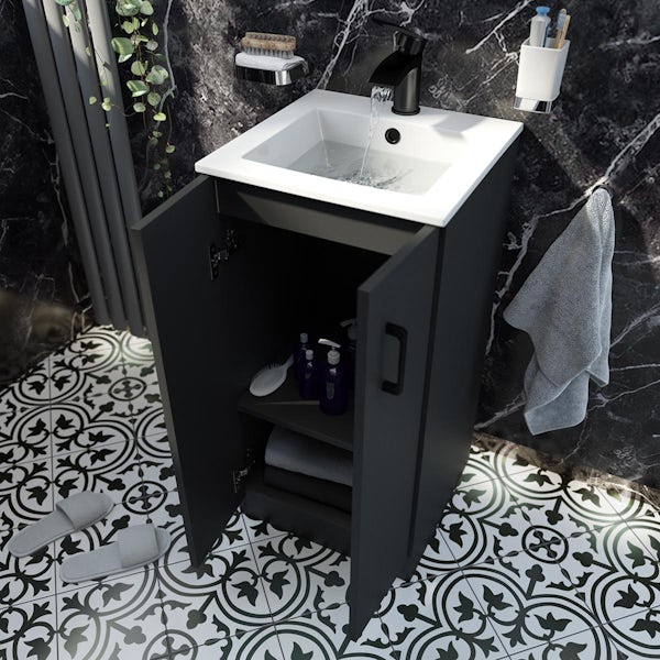 Orchard Lea soft black floorstanding vanity unit with black handle and ceramic basin 420mm