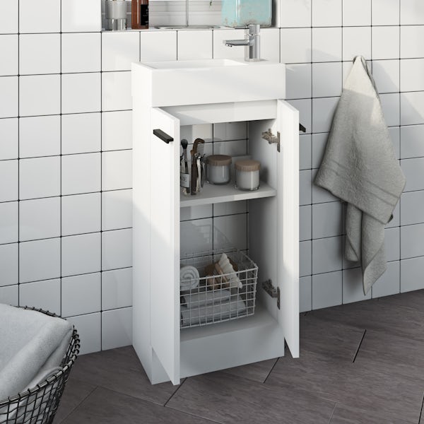 Clarity satin grey floorstanding vanity unit with black handle and ceramic basin 760mm