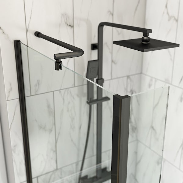 Orchard L shaped left handed shower bath with 6mm matt black shower screen with rail 1500 x 850