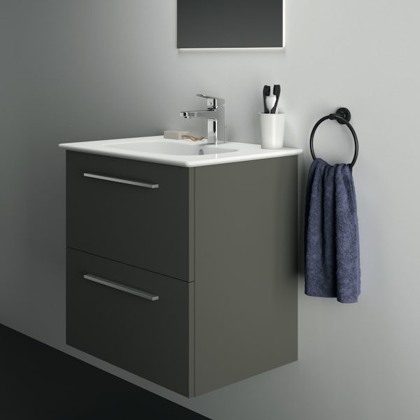 Ideal Standard i.life A quartz grey matt wall hung vanity unit with 2 drawers and brushed chrome handles 640mm