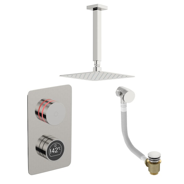 Mode Touch digital thermostatic shower set with square ceiling arm and bath filler waste
