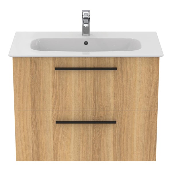 Ideal Standard i.life A natural oak wall hung vanity unit with 2 drawers and black handles 840mm