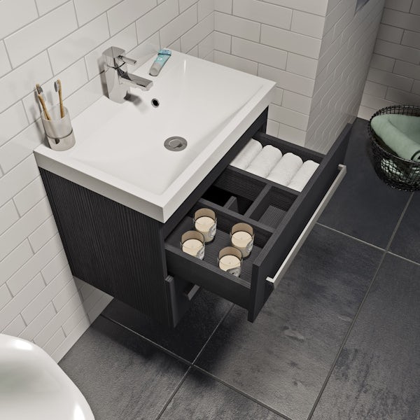 Orchard Wye essen black wall hung vanity unit and basin 600mm with mirror cabinet