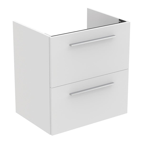 Ideal Standard i.life A matt white wall hung vanity unit with 2 drawers and brushed chrome handles 640mm