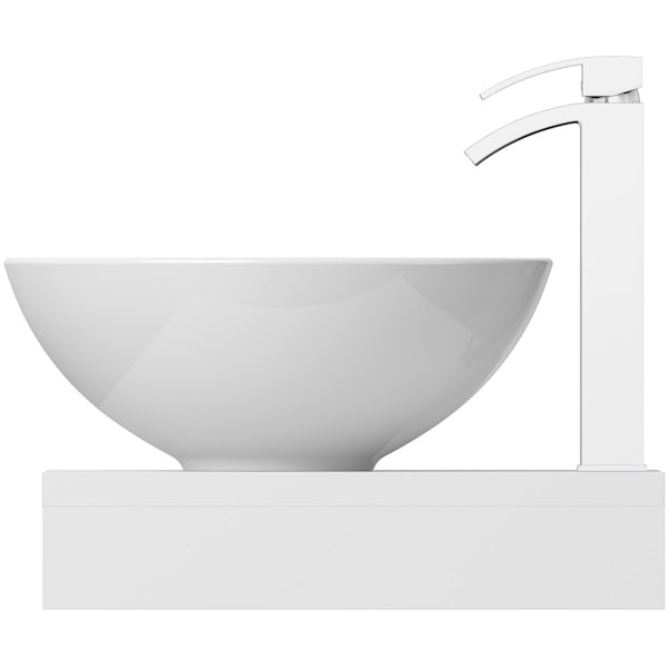 Mode Orion white countertop shelf with Derwent basin, tap and waste