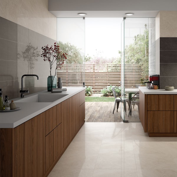 Alden lux cream stone effect gloss wall and floor tile 600mm x 600mm
