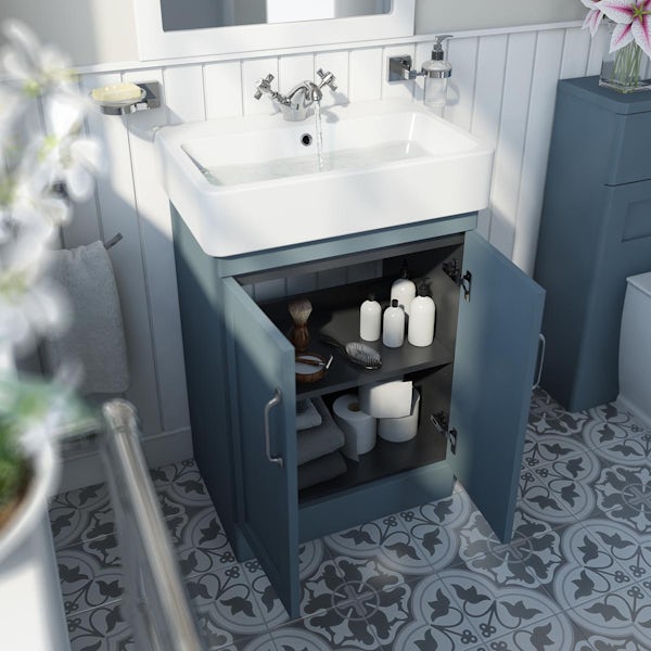 The Bath Co. Aylesford mineral blue floorstanding vanity unit and ceramic basin 575mm