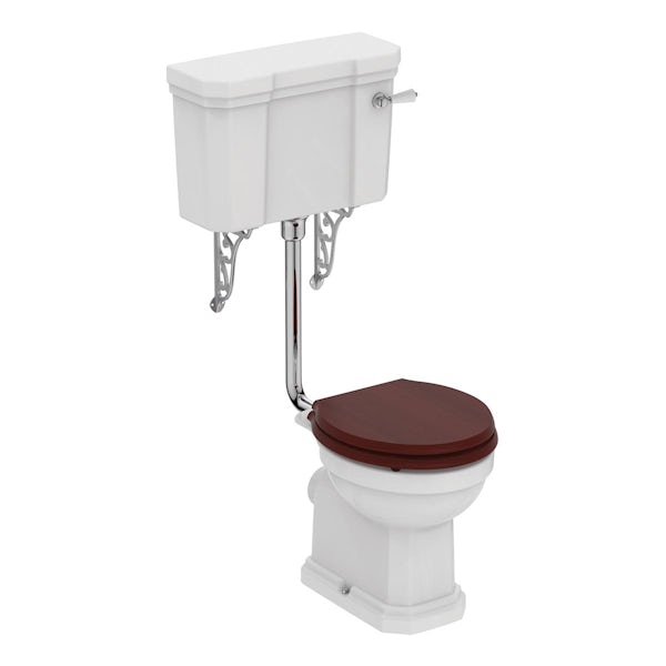 Ideal Standard low level toilet with ornate brackets and mahogany toilet seat
