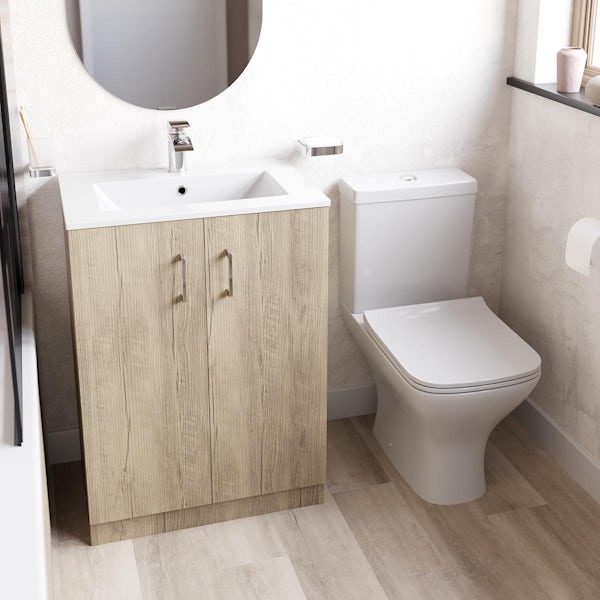 Orchard Lea oak floorstanding vanity unit 600mm and Derwent square close coupled toilet suite