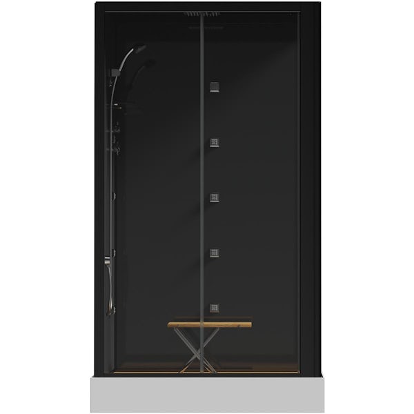 Mode rectangular black glass backed hydro massage shower cabin with wood effect floor and seat 1200 x 800