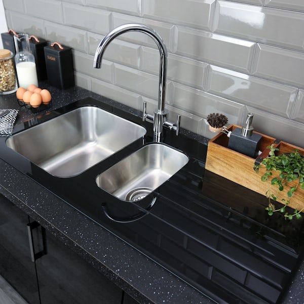 Bristan Gallery glacier black glass easyfit kitchen sink 1.5 bowl with right drainer