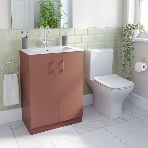 Orchard Lea tuscan red floorstanding vanity unit 600mm and Derwent square close coupled toilet suite