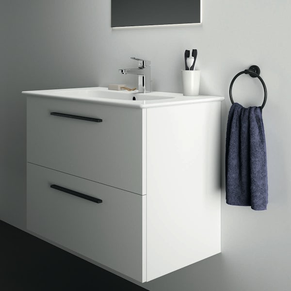 Ideal Standard i.life A matt white wall hung vanity unit with 2 drawers and black handles 840mm