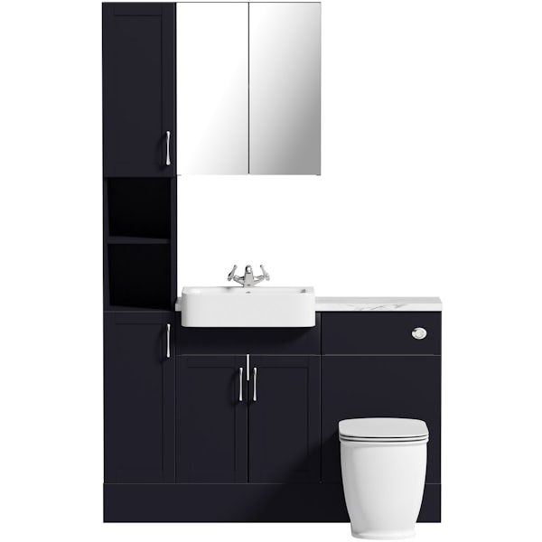 Reeves Newbury indigo tall fitted furniture & mirror combination with white marble worktop