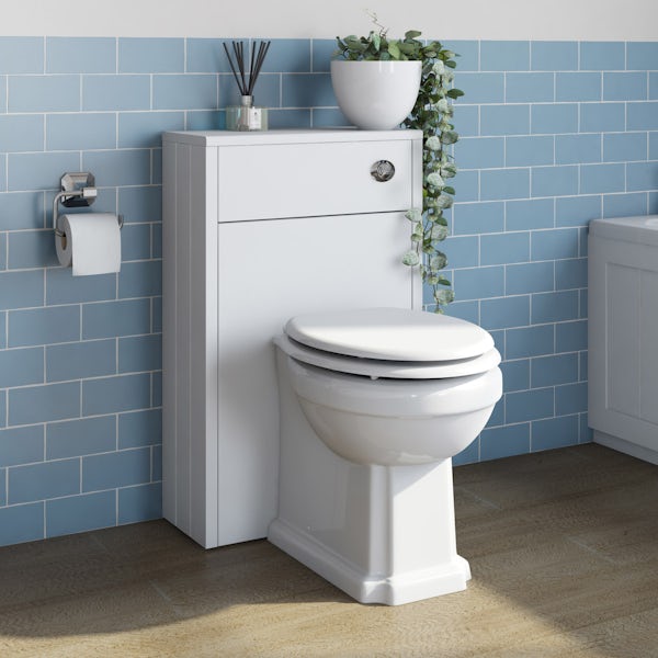 The Bath Co. Dulwich matt white slim back to wall unit and traditional toilet with white wooden seat
